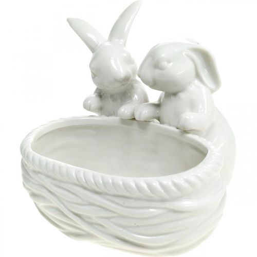 Artikel Kaniner med rede, bordpynt, påskerede, porcelænsdekoration, dekorativ skål hvid L15cm H11cm