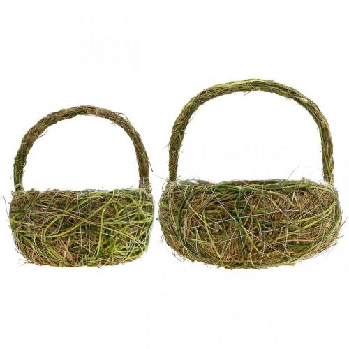 Floristik24 Plantekurv med håndtag raffia og høgrøn kurvefjeder 16×22/21×27cm sæt med 2 stk.