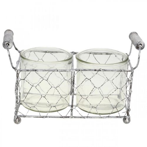 Vintage trådkurv hvidnet med glasvase Lanterne 21×10,5 cm