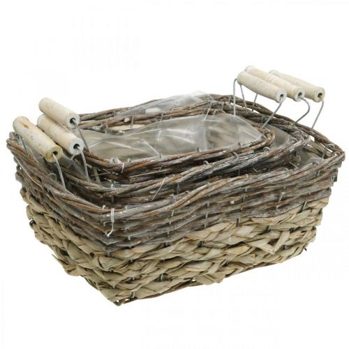 Artikel Plantekurv med hanke, firkantet kurveskål, naturlig plantekasse til plantning shabby chic vasket hvid L30/25,5/21 cm H12/11/10 cm sæt med 3
