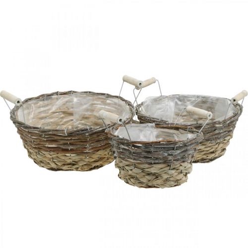Plantekurv med hanke, dekorativ beholder til påske, naturkurv, shabby chic hvidvasket Ø28/24/19cm H12/11/10cm sæt med 3 stk.