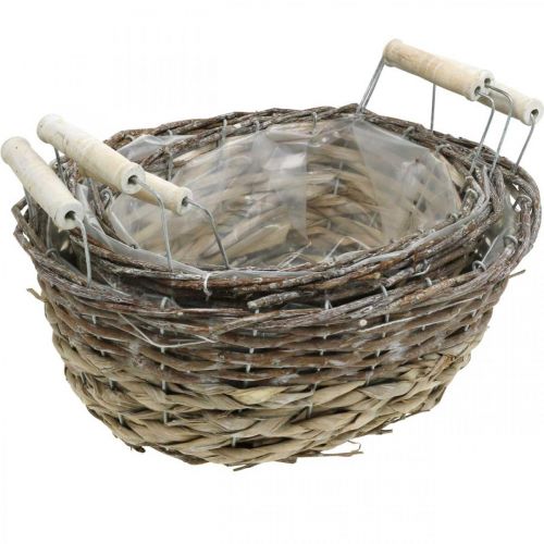 Artikel Naturkurv til plantning, kurv med håndtag, plantekasse shabby chic hvidvasket L31/27,5/24cm H12/11,5/10cm sæt med 3 stk.