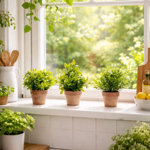 Artikel Kunstig plante i en urtepotte med realistisk tekstur til indendørs brug og dekoration, 18 cm, 3 stk.