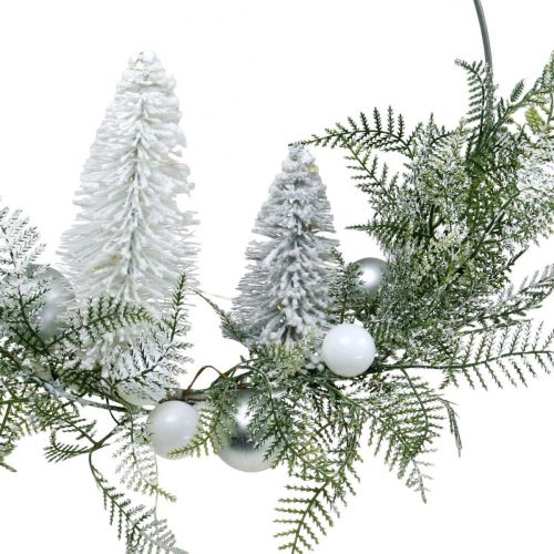 Floristik24 Oplyst krans med grantræer og kugler, advent, vinterdekoration til at hænge, LED dekorationsring sølv B45cm Ø30cm
