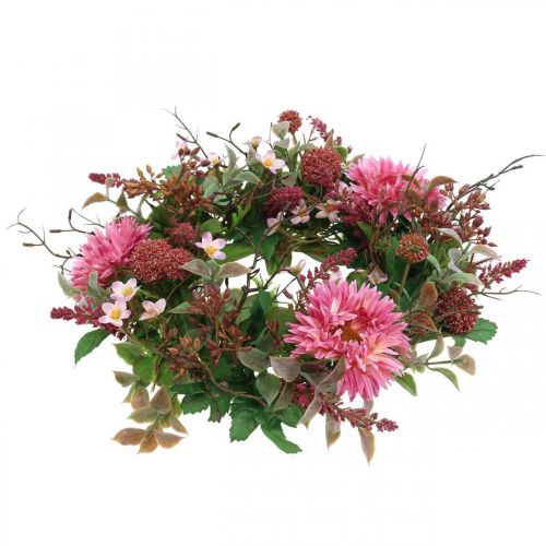 Floristik24 Efterårskrans silkeblomster lyserød gerbera tidselbordskrans Ø32cm