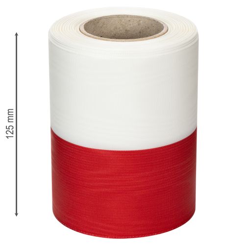 Artikel Hvidt og rødt moiré kransbånd, 125 mm - sørgebånd, dekorativt bånd, sløjfebånd, festbånd, 25 m rulle