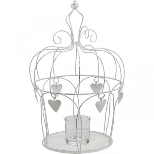 Krone med hjertedekor, fyrfadsstage, shabby chic hvid Ø19cm H28,5cm