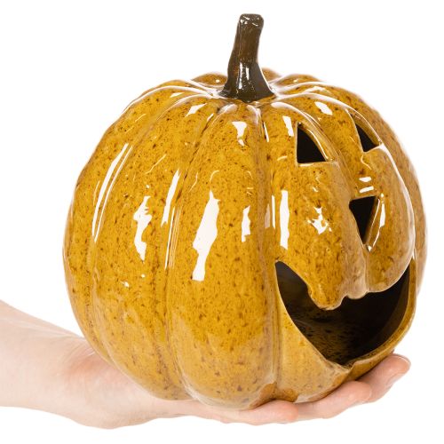 Keramisk græskar med ansigt, LED-dekoration, Halloween, 19 cm | Floristik24.dk