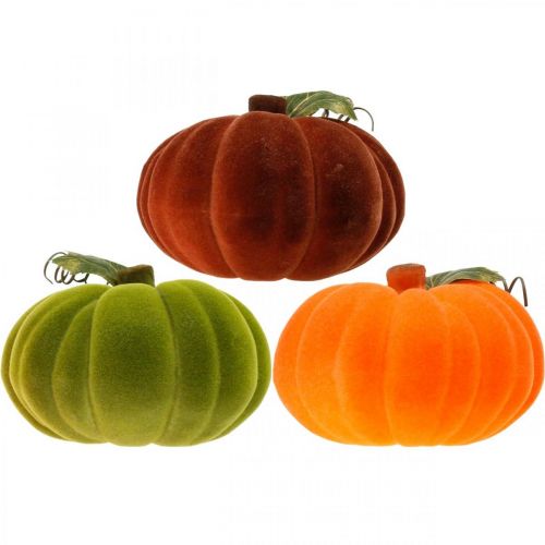 Artikel Dekorativ græskar flock mix orange, grøn, rød efterårsdekoration 16cm 3 stk