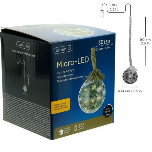Artikel LED kuglesnegran indvendig Ø14cm 30L varm hvid timer