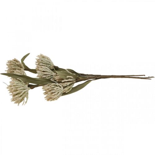 Artikel Kunstig blomst med 6 blomster flokket beigegrønt bundt på 3 H38cm
