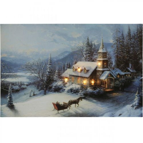 Floristik24 LED billede Jul vinterlandskab med kirke LED vægmaleri 58x38cm