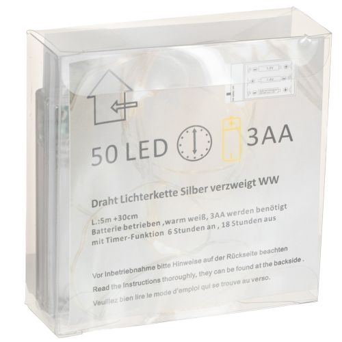 Artikel LED lyskæde, 50 pærer, batteridrevet, 5 m, varm hvid