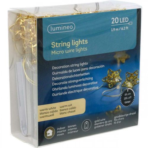 Artikel LED lyskæde stjerner mikro LED timer inde guld 1,90m