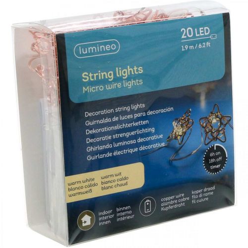 Artikel LED lyskæde stjerner mikro LED timer inde i kobber 1,90m