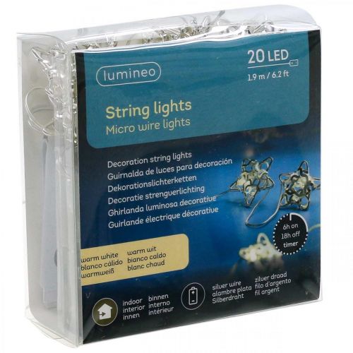 Artikel LED lyskæde stjerner mikro LED timer indvendigt sølv 1,90m