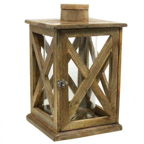 Lanterne træ stor med glaslanterne antik look 25×25×41cm