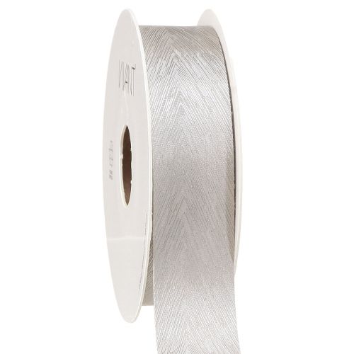 Artikel Luksuriøst sølvsilkebånd med elegant fjerdesign - ideel til bryllupper og festlige lejligheder. Bred 25mm, længde 15m