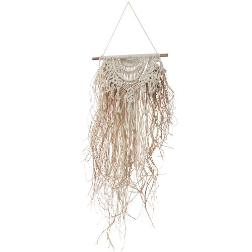 Macrame vægdekoration boho creme naturlig raffia træ 38x100cm