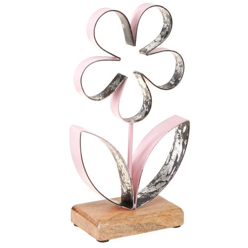Artikel Metalblomst på træbund Pink Sølv Vintage H29cm