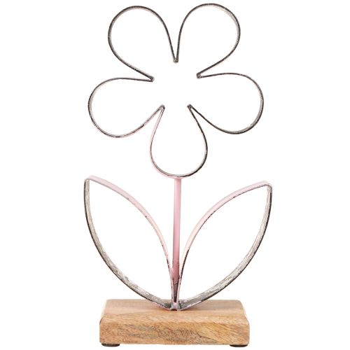 Artikel Metalblomst på træbund Pink Sølv Vintage H29cm