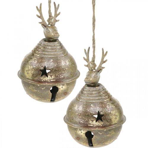 Floristik24 Metalklokker med rensdyrdekoration, adventsdekoration, juleklokke med stjerner, guldklokker antik look Ø9cm H14cm 2 stk.