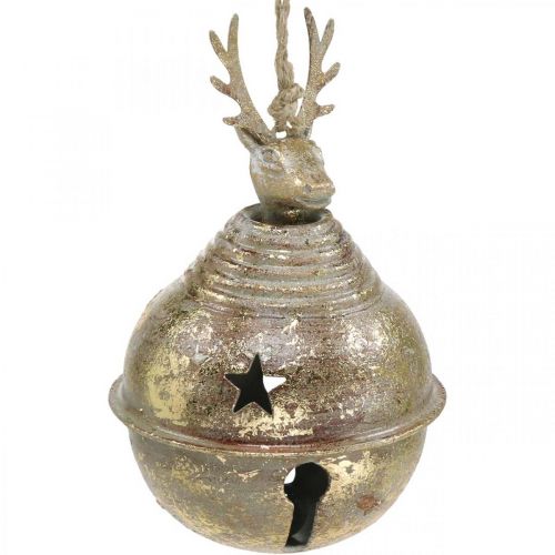 Floristik24 Metalklokker med rensdyrdekoration, adventsdekoration, juleklokke med stjerner, guldklokker antik look Ø9cm H14cm 2 stk.