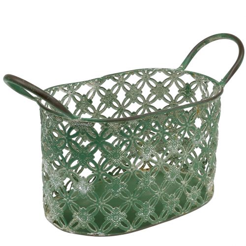 Floristik24 Oval metalkurv med hank 25cm x 16,5cm H21cm Grøn