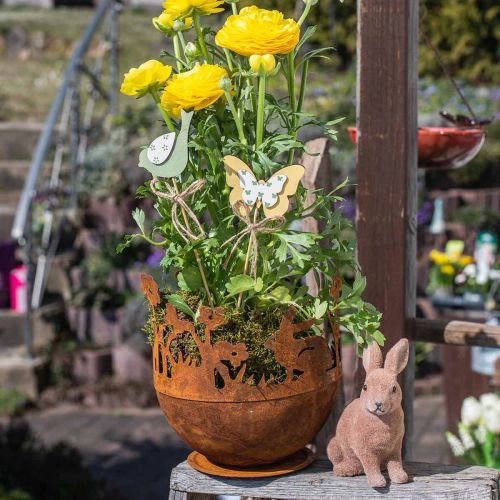 Floristik24 Metalskål med kaniner, påskepynt, plantekasse til plantning patina Ø18cm H19,5cm