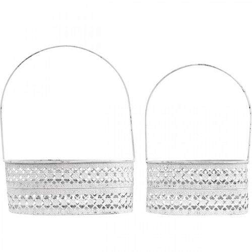 Floristik24 Metalkurv oval, dekorativ beholder til plantning hvid, sølv vintage look L17 / 22 cm H25 / 28 cm sæt med 2
