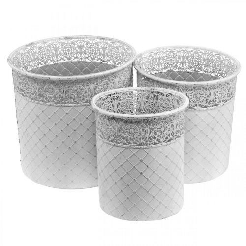 Floristik24 Plantekrukke med blondemønster, metalkar, dekorativ spand hvid, sølv shabby chic H28/25,5/23,5 cm Ø29,5/25,5/20 cm sæt med 3 stk.