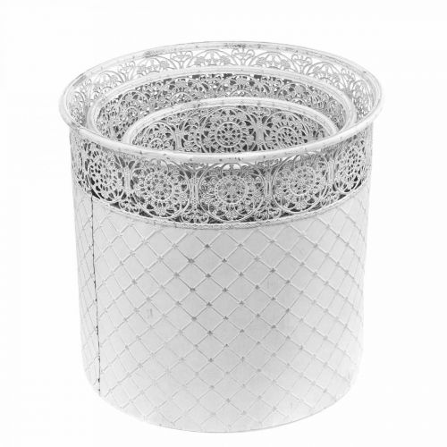Artikel Plantekrukke med blondemønster, metalkar, dekorativ spand hvid, sølv shabby chic H28/25,5/23,5 cm Ø29,5/25,5/20 cm sæt med 3 stk.