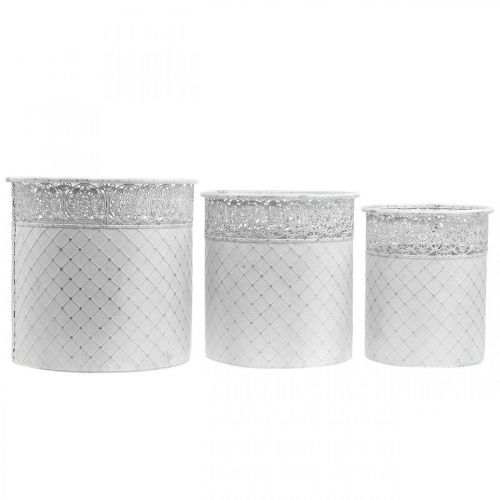 Artikel Plantekrukke med blondemønster, metalkar, dekorativ spand hvid, sølv shabby chic H28/25,5/23,5 cm Ø29,5/25,5/20 cm sæt med 3 stk.