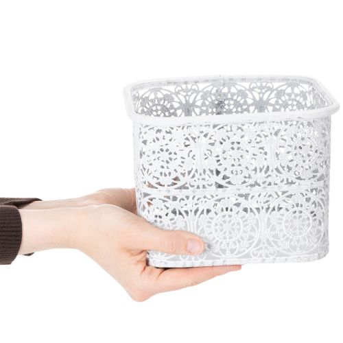 Artikel Metalskåle med hulmønster, dekorativ beholder, firkantet, shabby chic, hvid, 27/23/19 cm, H13,5 cm, sæt med 3
