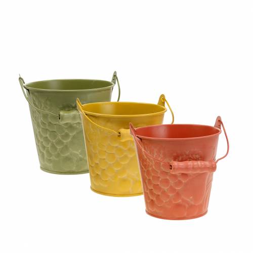 Dekorativ spand frugter gul, orange, grønvasket Ø12,5 cm H12cm sæt med 3