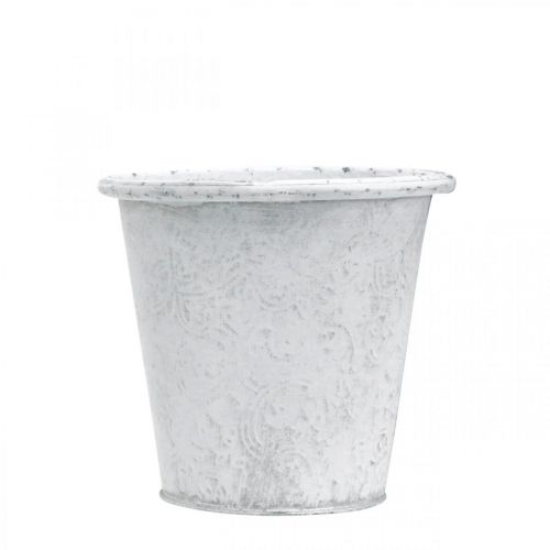 Artikel Plantekrukke med ornamenter, plantekasse, metalkar hvid Ø15,5cm H14,5cm