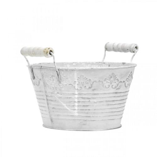 Floristik24 Dekorativ skål til udplantning, potte med træskaft, metaldekoration hvid, sølv Ø16,5cm H12,5cm B20cm