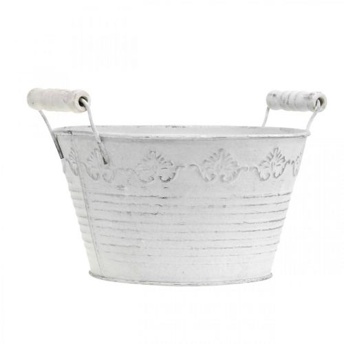 Floristik24 Præget plantekasse, dekorativ skål med træhåndtag, metalkrukke hvid, sølv Ø18,5cm H12cm B22cm
