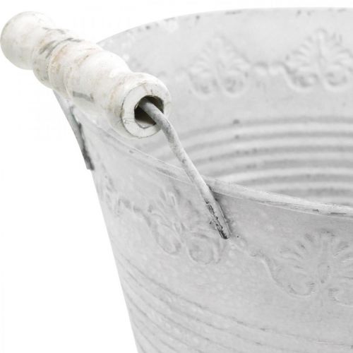 Artikel Dekorativ skål til udplantning, potte med træskaft, metaldekoration hvid, sølv Ø16,5cm H12,5cm B20cm