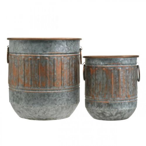 Floristik24 Dekorativ skål med hanke, urtepotte, metalkar sølv, kobberfarvet antik look H31 / 24,5 cm Ø29,5 / 22 cm sæt af 2