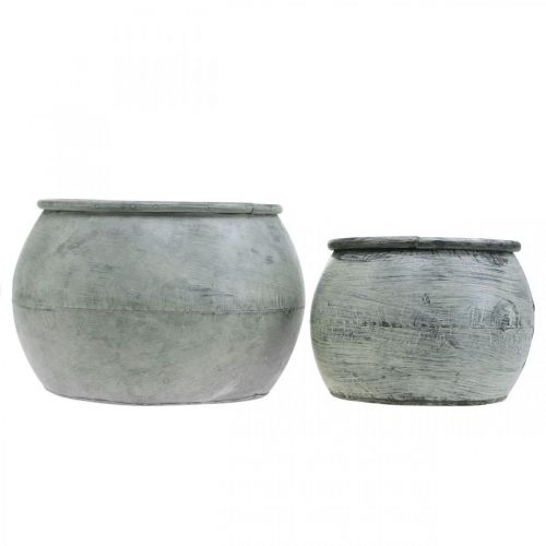 Artikel Rund metalkrukke, pyntekar, planteskål sølv, vasket hvid, antik look Ø25,5 / 18 cm H17 / 13 cm, sæt af 2