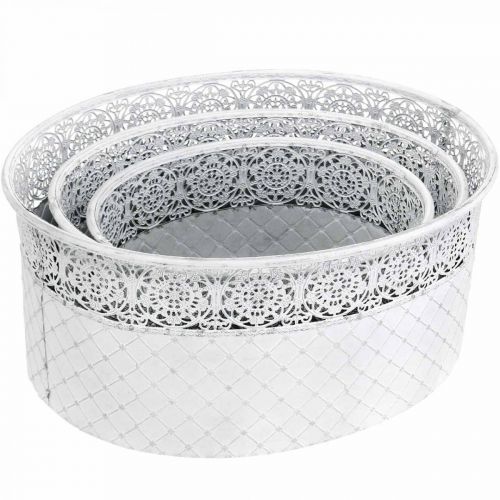Artikel Skål til udplantning, metalkar med blondemønster, dekorativ potte oval hvid, sølv shabby chic L41,5/35/29,5 cm H19/16/14,5 cm sæt med 3 stk.