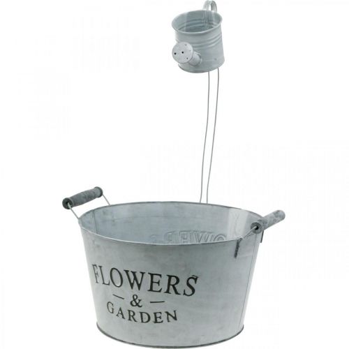 Artikel Planteskål med vandkande, havedekoration, metal plantekasse til udplantning sølv hvidvasket H41cm Ø28cm/Ø7cm