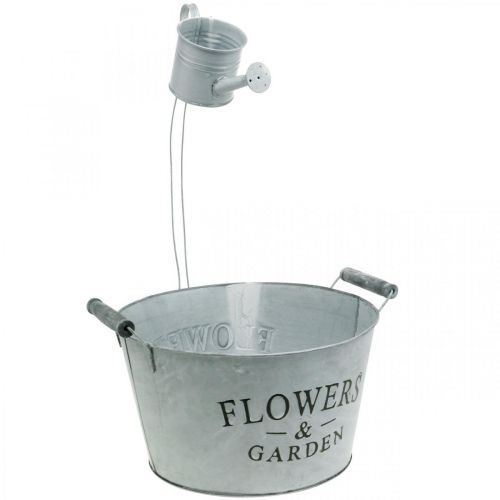 Artikel Planteskål med vandkande, havedekoration, metal plantekasse til udplantning sølv hvidvasket H41cm Ø28cm/Ø7cm