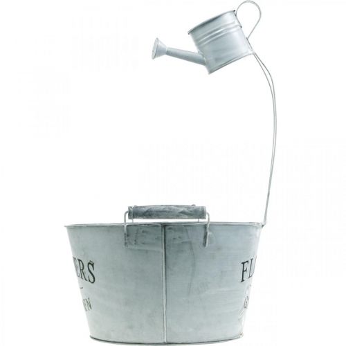 Artikel Planteskål med vandkande, havedekoration, metal plantekasse til udplantning sølv hvidvasket H41cm Ø28cm/Ø7cm