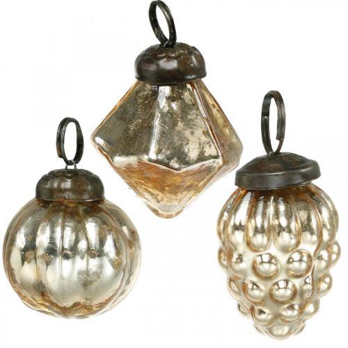 Floristik24 Minitræskugler, diamant / kugle / kegle, træophæng blanding antikt look Ø3–3,5 cm H4,5–5,5 cm 9stk.