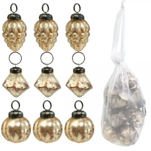 Floristik24 Mini glaskuglemix, diamant / kugle / kegle, trædekorationer, antikt look Ø3–3,5 cm H4,5–5,5 cm 9 stk.