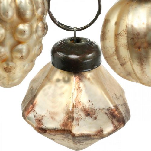 Floristik24 Mini glaskuglemix, diamant / kugle / kegle, trædekorationer, antikt look Ø3–3,5 cm H4,5–5,5 cm 9 stk.