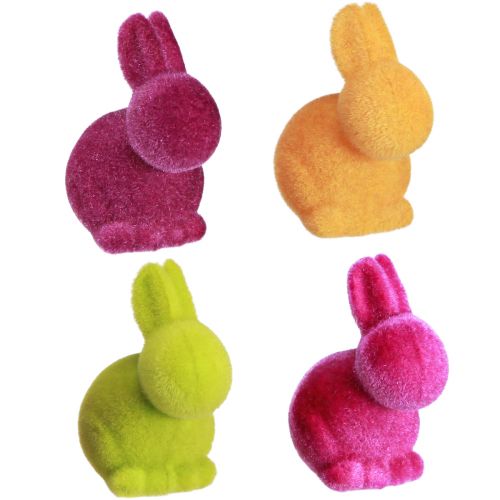 Artikel Minikaniner Farverige påskeharer flokket Assorteret – 2. valg – H6cm 12 stk.