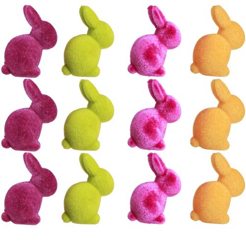 Artikel Minikaniner Farverige påskeharer flokket Assorteret – 2. valg – H6cm 12 stk.